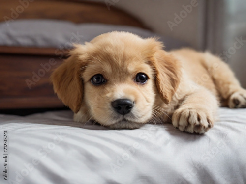 Beagle puppy dog lying on the bad waiting for owner with sad or sick face.