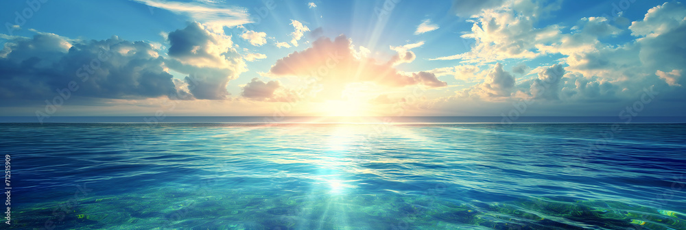 Summer sea background, bright blue water and setting sun