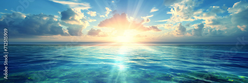 Summer sea background, bright blue water and setting sun