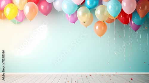 Holiday background with colorful balloons, confetti and ribbons. Holiday greeting card for birthday party, anniversary, New Year, Christmas or other events
