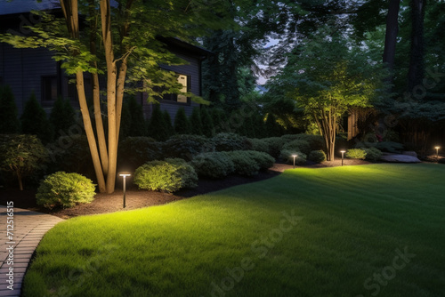 Professionally Landscaped Backyard Garden with Evenly Mowed Lawn and Trimmed Shrubs Illuminated with Outdoor Bollard Lamps 