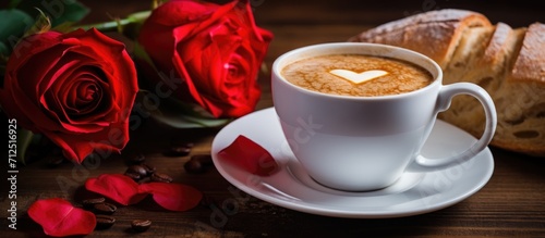 Photo of heart shape white bread paired with a coffee cup and red rose, with focus on the bread.