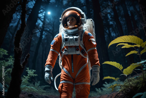 A astronaut lost in a florest mars, dark scene, night photo