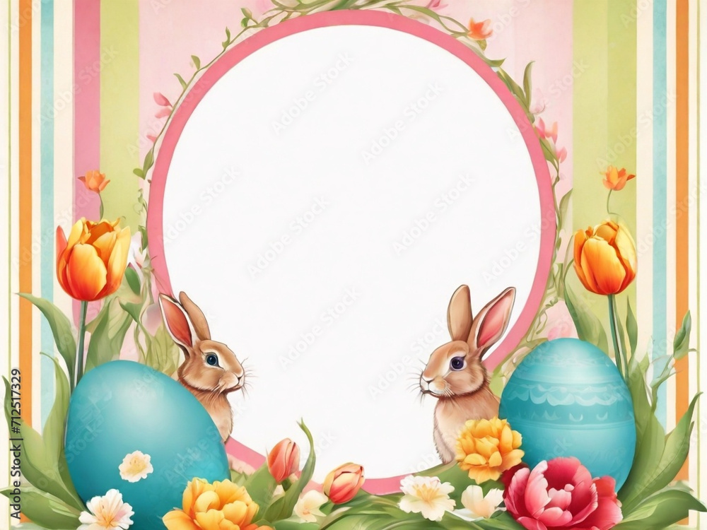 Retro card with frame. Cute rabbits with flowers and colorful eggs. Spring holiday, Happy Easter concept. Copy space. Retro card with frame. Cute rabbits with flowers and colorful eggs. Spring holiday, Happy Easter concept. Copy space.