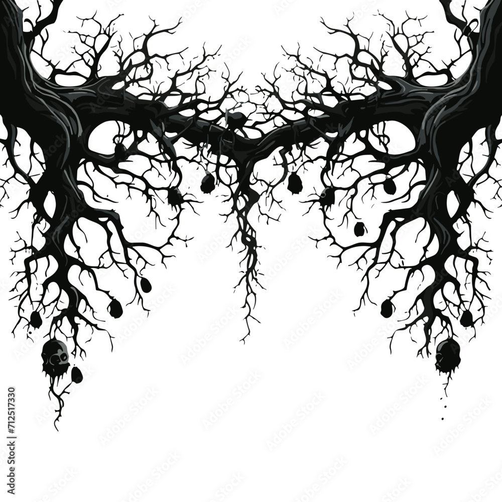 Naklejka premium tree, nature, vector, illustration, silhouette, branch, leaf, design, plant, floral, black, flower, art, drawing, decoration, pattern, spring, bird, element, season, frame, forest, leaves, old, trunk,