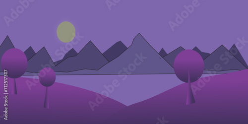 landscape with mountains and trees. Purple night fantasy illustration dreamy landscape, moon behind mountains cold weather.
