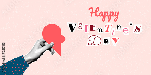 Banner Happy Valentine's Day lettering in ransom note text style. Collage paper cut letters, grunge vector clipart elements. Halftone collage of a hand holding a half heart.
