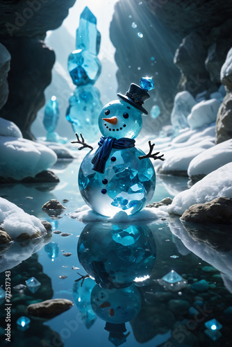 Crystal snowman, levitating,  rocks floating in the air, shiny fragments, surrounded by blue jewels, jade, floating magic particles, crystal canyon