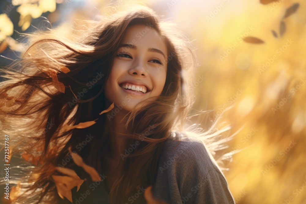 Portrait of a happy relaxed woman enjoying autumn with dry fallen leaves and sunlight in the background