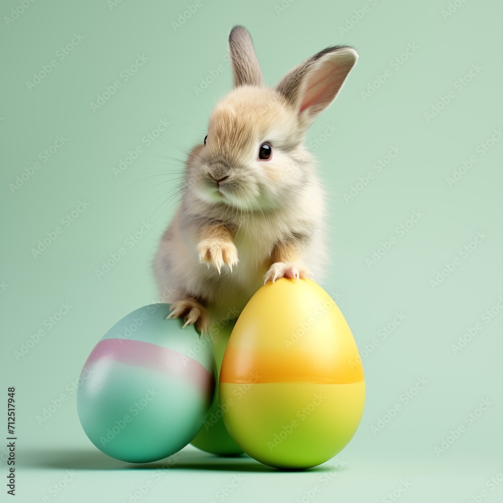 easter bunny and easter eggs on a green background