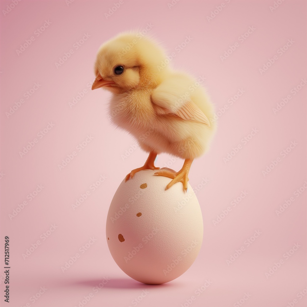 chicken balancing on an egg on a pale pink background