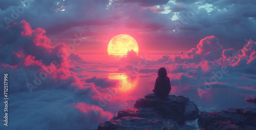 3D render of a beautiful sunset over the sea and a lonely man, moon over the mountains