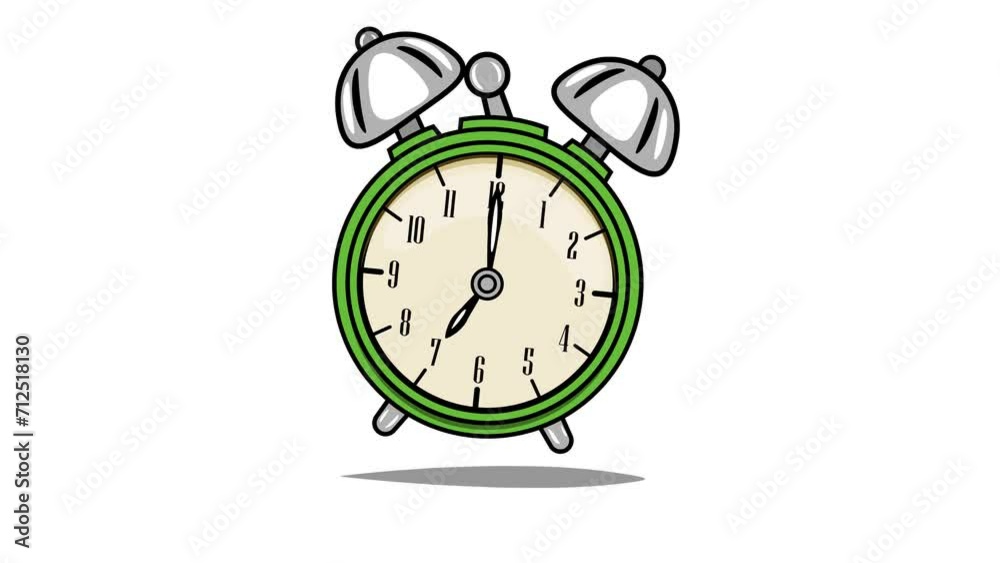 Ringing alarm clock on white background. Video animation. Hand drawn in a cartoon style. High quality 4k footage