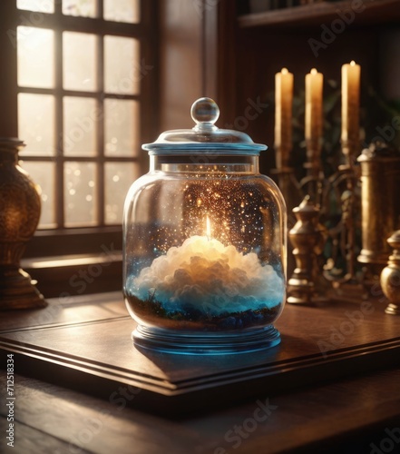 Fluffy magical clouds burn inside a closed jar.