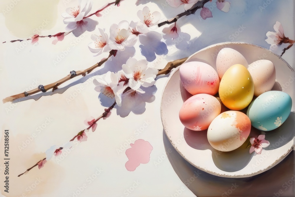 easter eggs in plat and flowers
