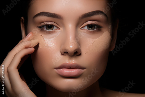 Young woman applying beige concealer on facial skin, advertising foundation photo