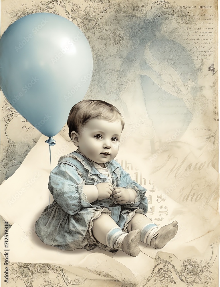 Fototapeta premium Portrait of a little boy cute baby old paper, vintage junk journal digital paper