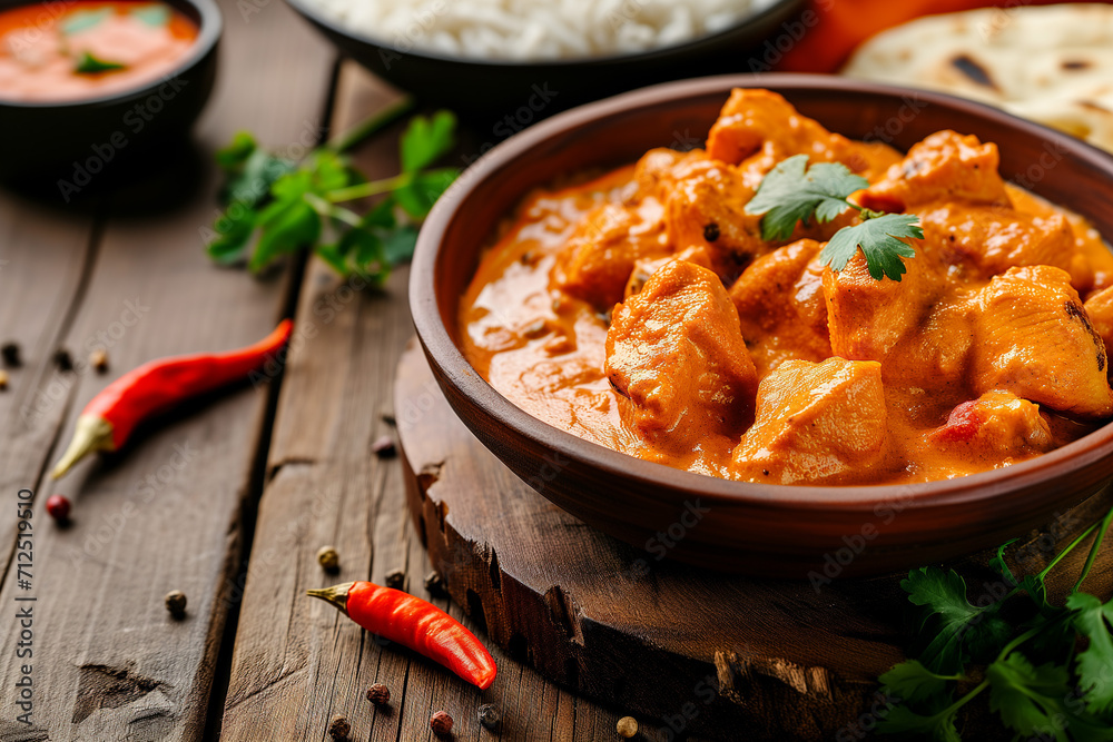 Chicken Tikka Masala served on a rustic wooden table, traditional Indian restaurant setting