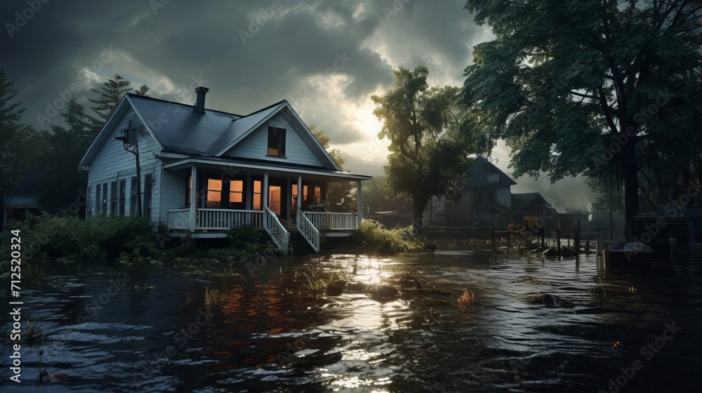 Fototapeta premium Flooded house in countryside. Landscape with dark dramatic cloudy sky.