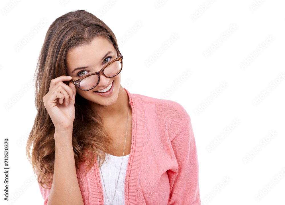 Woman, portrait and glasses for vision in studio, eyecare and prescription on white background. Happy female person, ophthalmology and spectacles for eyesight, frame and optic lenses for smile