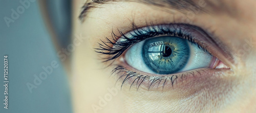 a close up view of the eye of a woman, in the style of eye-catching composition, light navy and gray, lightbox, childlike simplicity
