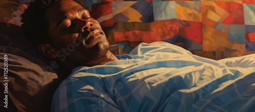 African-American man peacefully sleeping in bed at home, dreaming happily.