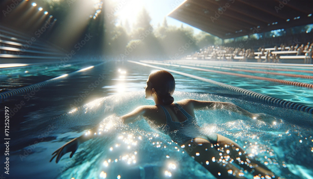 girl swimming in an Olympic pool on a sunny day - obrazy, fototapety, plakaty 