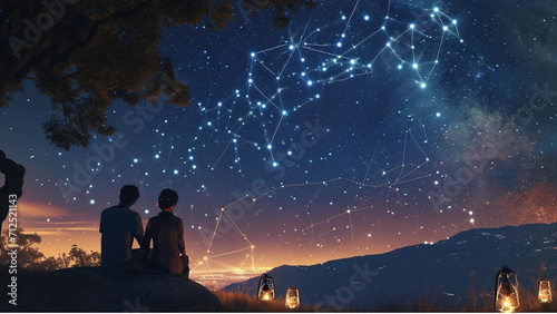  starry night sky with constellations forming shapes of intertwined hearts