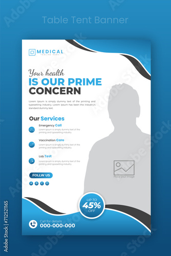 Medical healthcare table tent banner template. Display doctor service promotion on table, menu card for restaurant, billboard, rollup in abstract blue colorful shapes