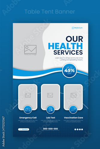 Medical healthcare table tent banner template. Display doctor service promotion on table, menu card for restaurant, billboard, rollup in abstract blue colorful shapes