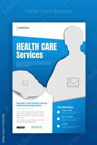 Medical healthcare table tent banner template. Display doctor service promotion on table, menu card for restaurant, billboard, rollup in abstract blue colorful shapes