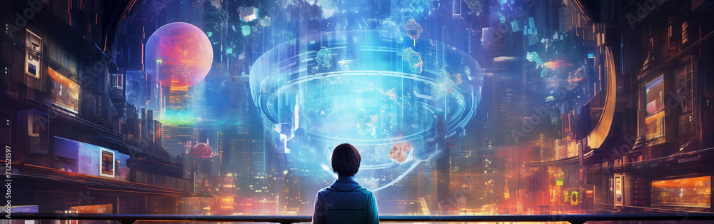 Hologram, Future scenario, Futuristic scene, Science fiction panorama, Sci-fi setting. A WINDOW INTO THE FUTURE. Illustration of a futuristic scene. Enormous hologram in the center of the image.