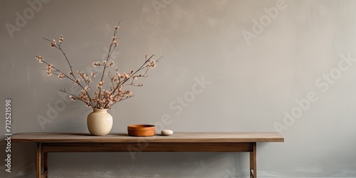 Minimalistic concept with wooden console, paper flowers, nuts, and empty space in a wabi sabi living room.