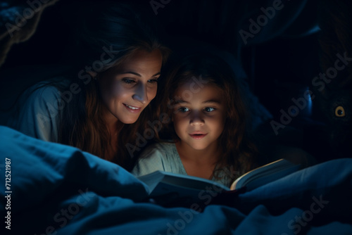 Scaring mother and her daughter reading book under bed cover and holding a flashlight 