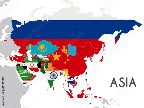 Political Asia Map vector illustration with the flags of all countries. Editable and clearly labeled layers.