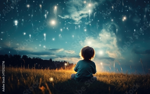A happy amazed kid is sitting on the grass watching the sky full of stars 