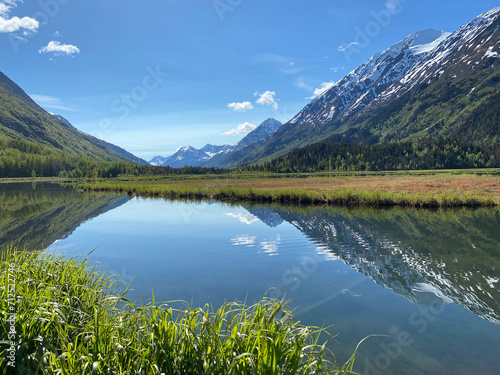 Tern Lake along Seward Highway on Kenai Peninsula in Alaska. At junction with Sterling Highway in Chugach National Forest. Mountain landscape perfectly reflected in mirror still alpine lake. © EWY Media