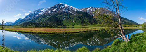 Tern Lake along Seward Highway on Kenai Peninsula in Alaska. At junction with Sterling Highway in Chugach National Forest. Mountain landscape perfectly reflected in mirror still alpine lake. photo