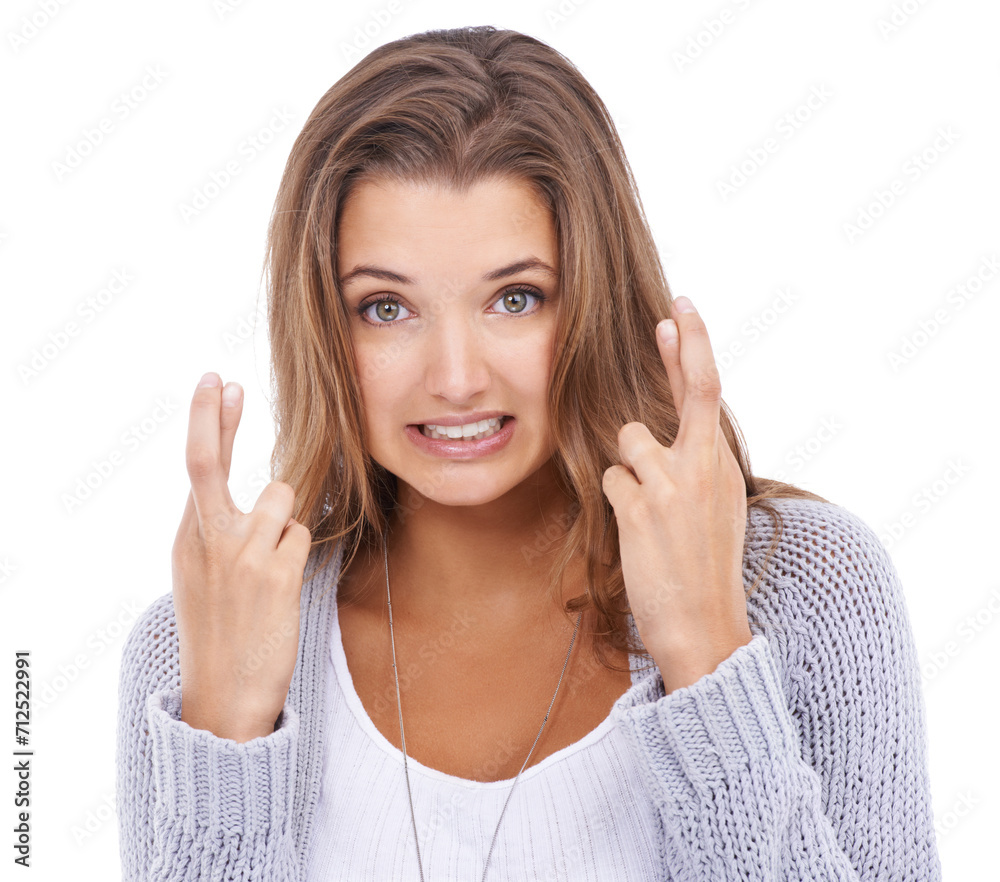 Nervous woman, portrait and hope with fingers crossed in studio for lucky news, feedback and waiting on white background. Model, worry and hand sign for wish, emoji and praying for lottery results Nervous woman, portrait and hope with fingers crossed in studio for lucky news, feedback and waiting on white background. Model, worry and hand sign for wish, emoji and praying for lottery results