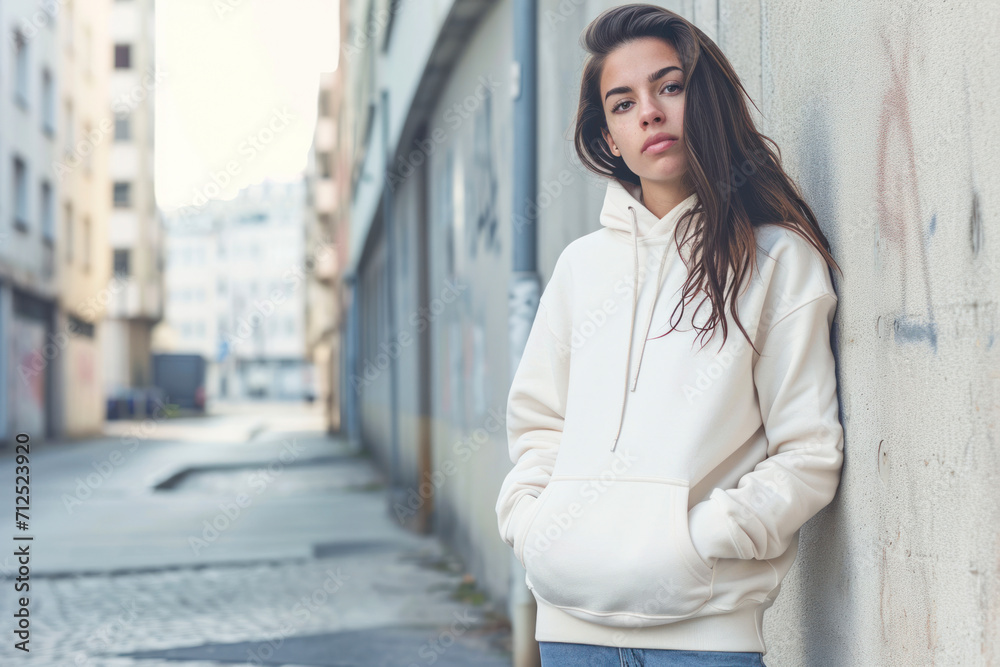 Hoodie mockup on urban backdrop, a trendy image featuring a hoodie mockup worn by a model against an urban setting. Hoodie mockup on urban backdrop, a trendy image featuring a hoodie mockup worn by a model against an urban setting.
