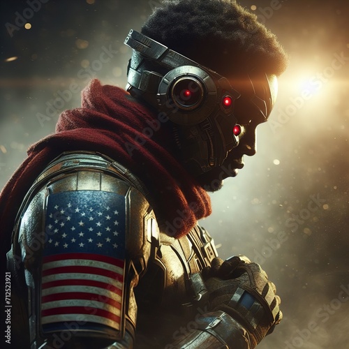 Portrait of a Heroic African American Soldier in Radiant Light photo