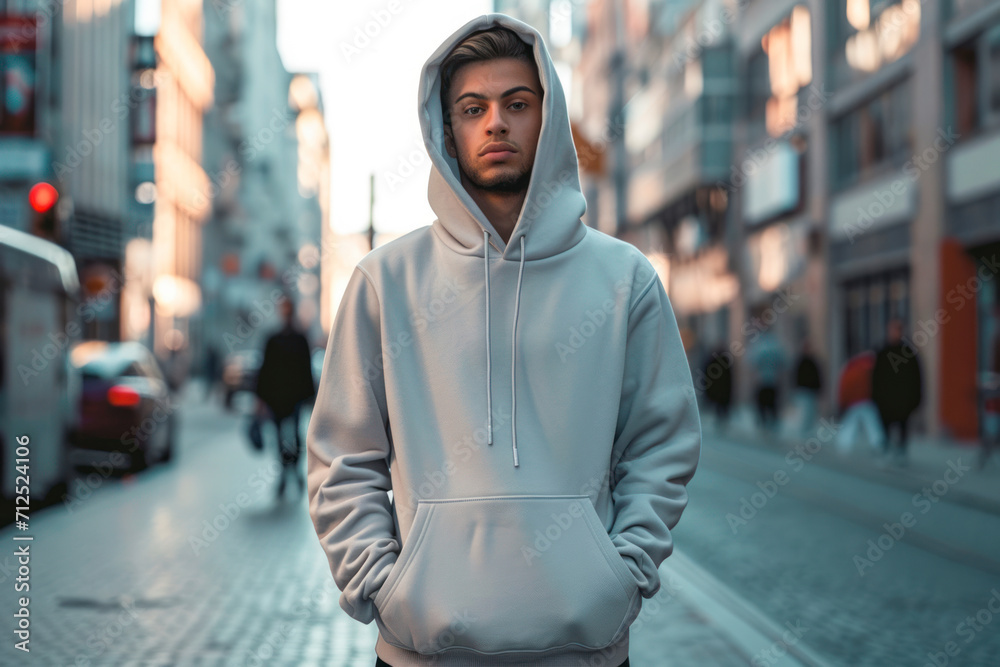 Hoodie mockup on urban backdrop, a trendy image featuring a hoodie mockup worn by a model against an urban setting.