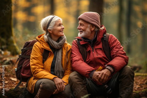 Senior couple having a break during hiking in autumn forest 
