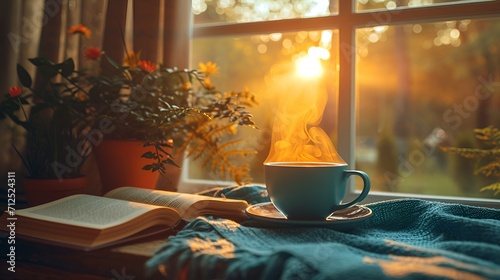 An image capturing the first rays of sunlight filtering through a window onto a cozy breakfast nook, with a steaming cup of coffee and an open book, symbolizing a peaceful start to the day.