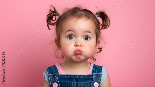 A portrait of a young girl doing faces against a pink background © Rando