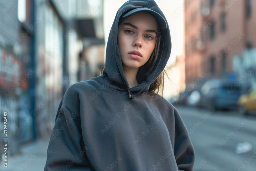 Hoodie mockup on urban backdrop, a trendy image featuring a hoodie mockup worn by a model against an urban setting. Hoodie mockup on urban backdrop, a trendy image featuring a hoodie mockup worn by a model against an urban setting.