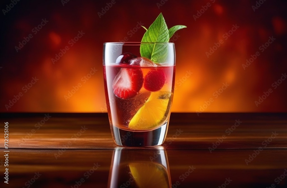 colorful cocktail in glass with splashes and lemon on dark background. splash of drink from a glass with reflection