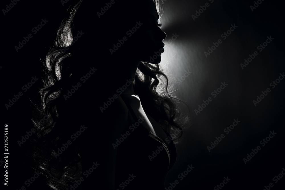 Sensual female silhouette in dark, monochrome image  - obrazy, fototapety, plakaty 