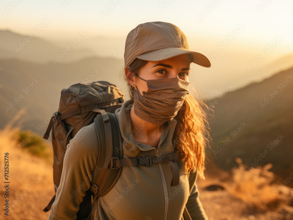a young hiker wearing a breathable hiking face mask on a mountain trail	
