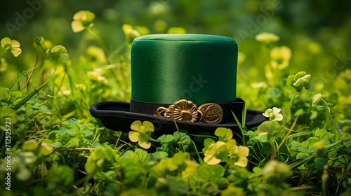 A close-up of a green leprechaun hat against a shamrock field